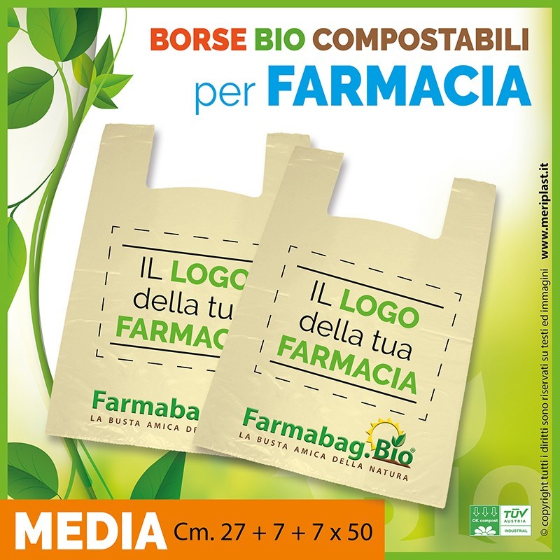 Shoppers per Farmacia personalizzate medie Cm. 27 + 7 + 7 x 50 compostabili biodegradabili UNI EN 13432