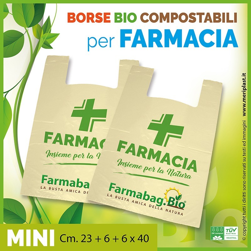 Shoppers per Farmacia generiche mini Cm. 23 + 6 + 6 x 40 compostabili biodegradabili UNI EN 13432