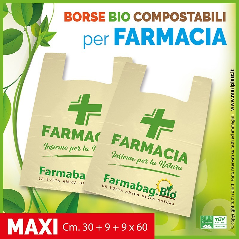 Shoppers per Farmacia generiche maxi Cm. 30 + 9 + 9 x 60 compostabili biodegradabili UNI EN 13432