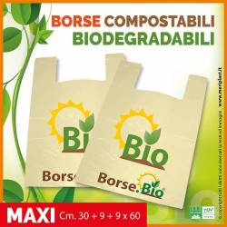 Shoppers maxi generiche Cm. 30 + 9 + 9 x 60 compostabili biodegradabili UNI EN 13432