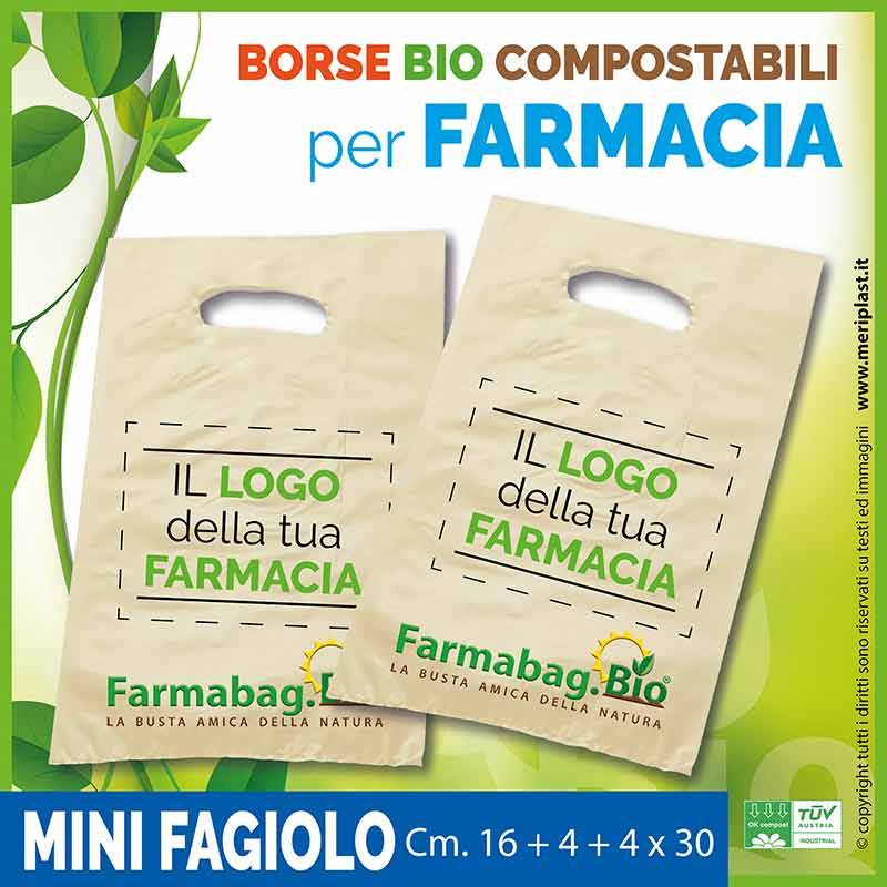 Shoppers per Farmacia personalizzate mini fagiolo Cm. 16 + 4 + 4 x 30 compostabili biodegradabili UNI EN 13432